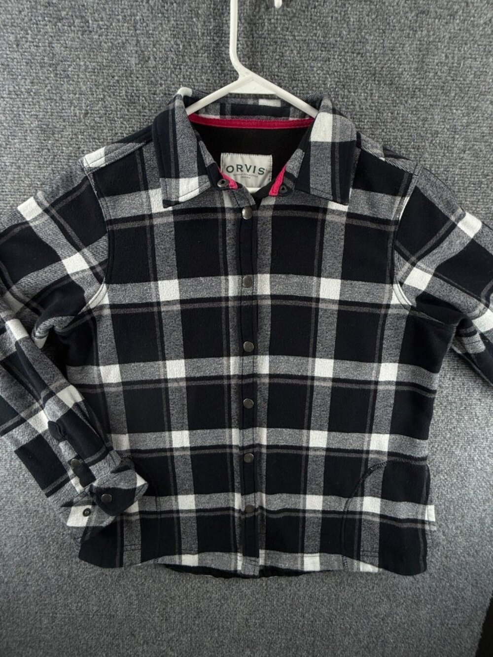 Orvis Women Fleece Lined Flannel Shirt Jacket Plaid Snap Up Black White Medium